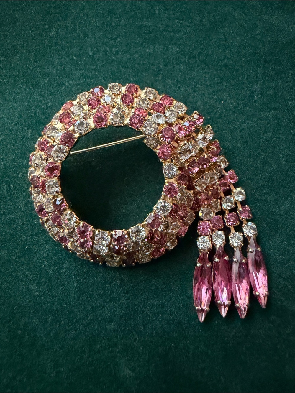 Pink Crystal Circular Brooch with Pink Teardrop Dangles